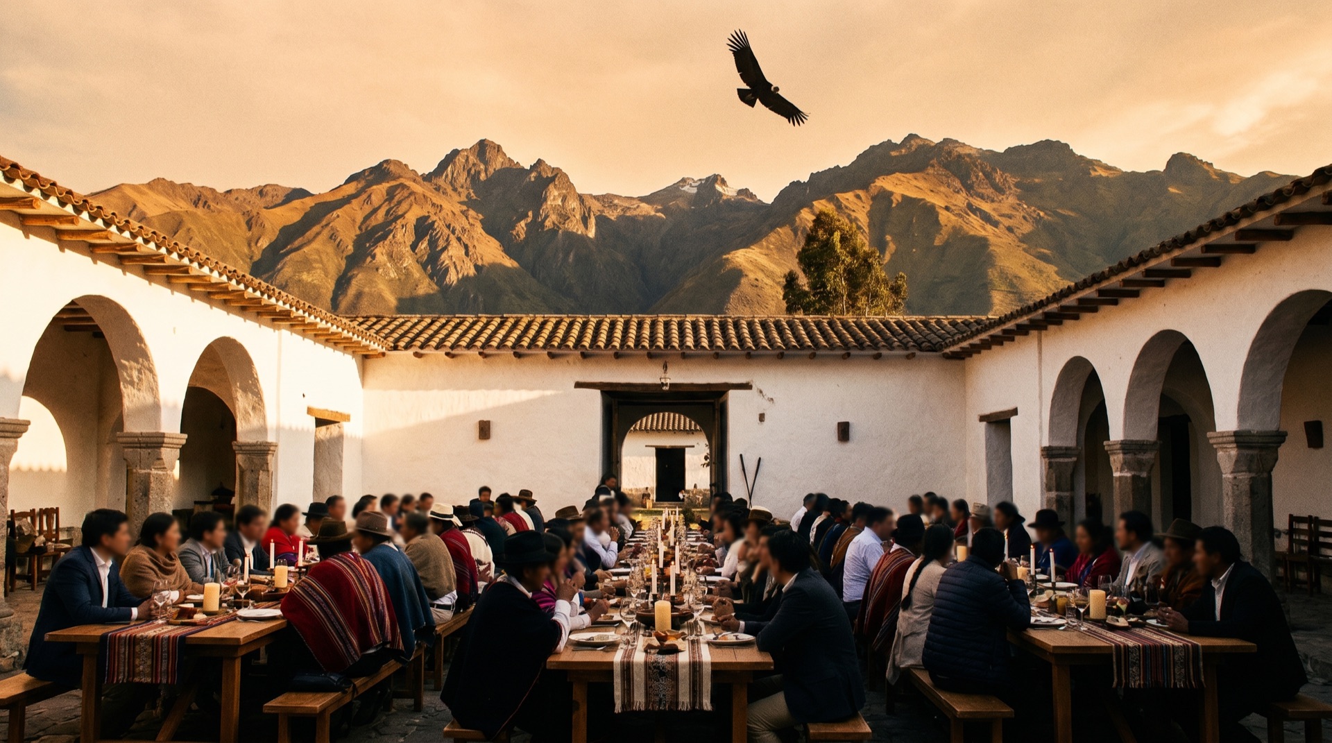 A golden-hour gathering at a hacienda in the Andes